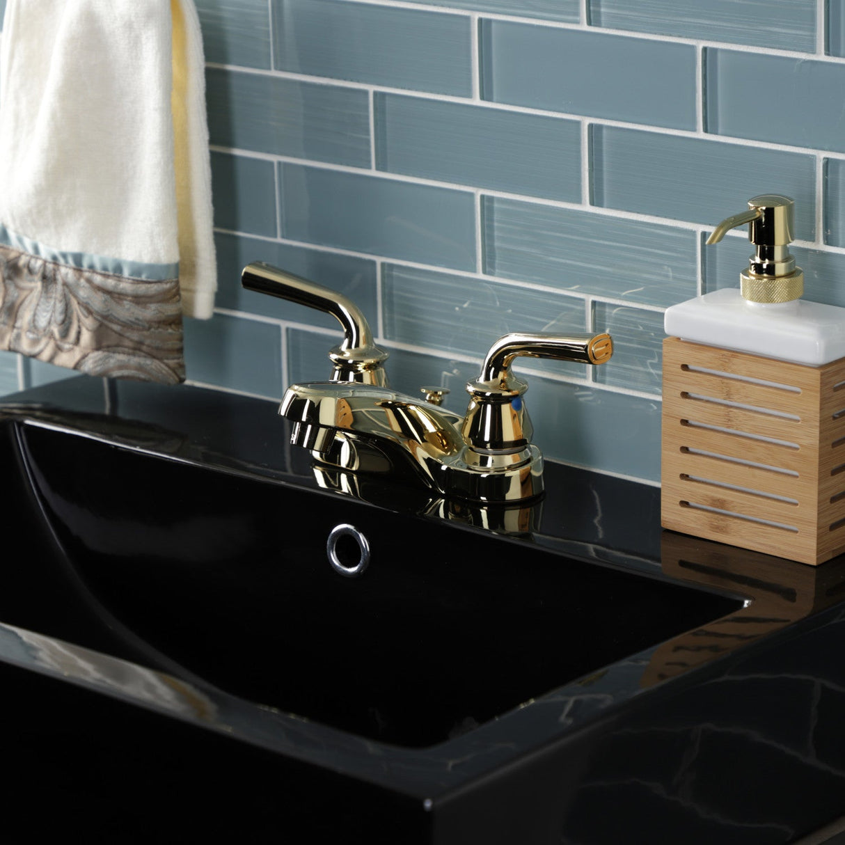 Restoration KB252RXLB Two-Handle 3-Hole Deck Mount 4" Centerset Bathroom Faucet with Brass Pop-Up, Polished Brass