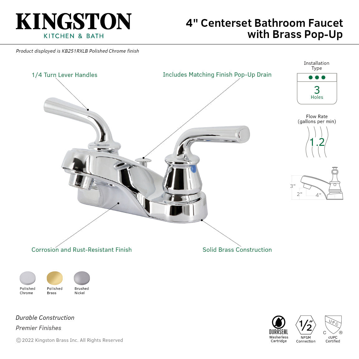 Restoration KB258RXLB Two-Handle 3-Hole Deck Mount 4" Centerset Bathroom Faucet with Brass Pop-Up, Brushed Nickel
