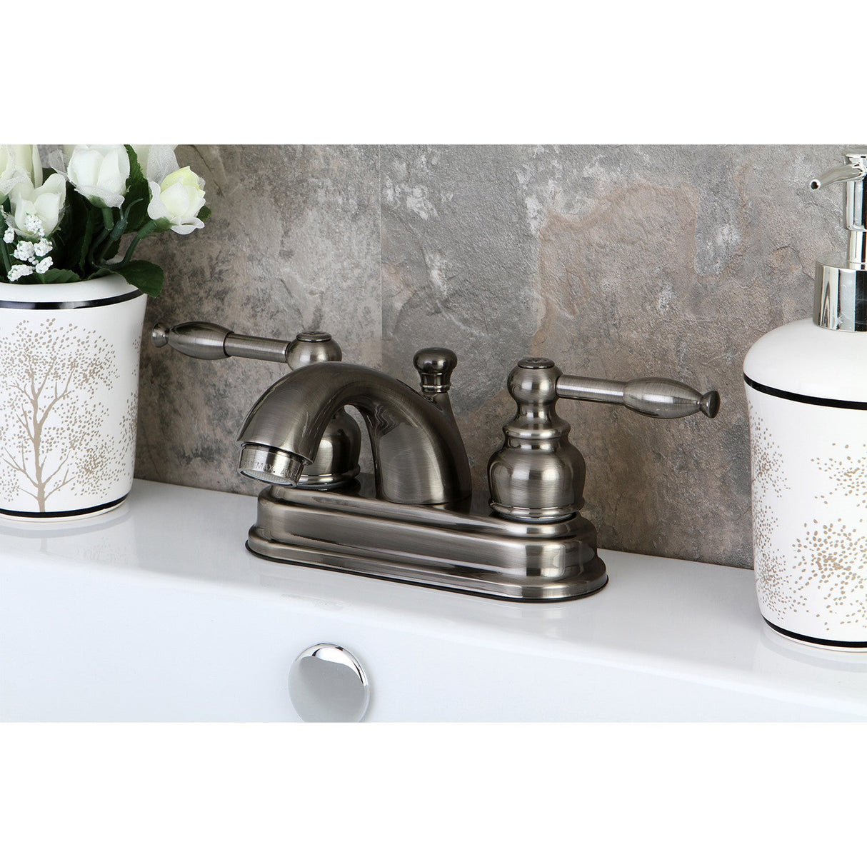 Knight KB2600KL Two-Handle 3-Hole Deck Mount 4" Centerset Bathroom Faucet with Plastic Pop-Up, Black Stainless