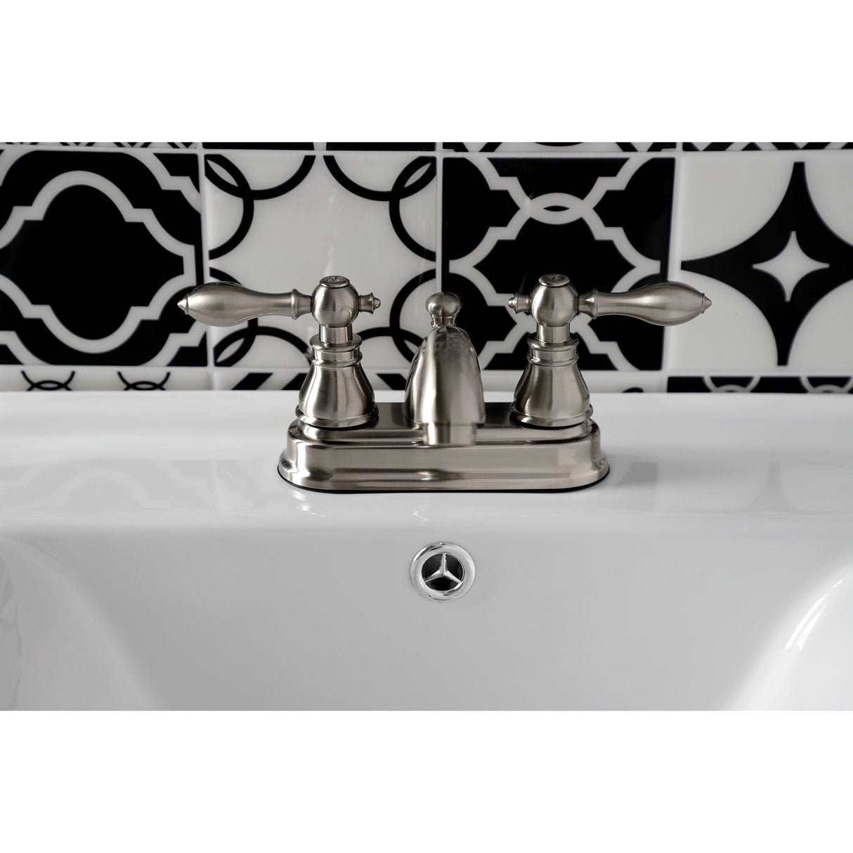 American Classic KB2608ACL Two-Handle 3-Hole Deck Mount 4" Centerset Bathroom Faucet with Plastic Pop-Up, Brushed Nickel