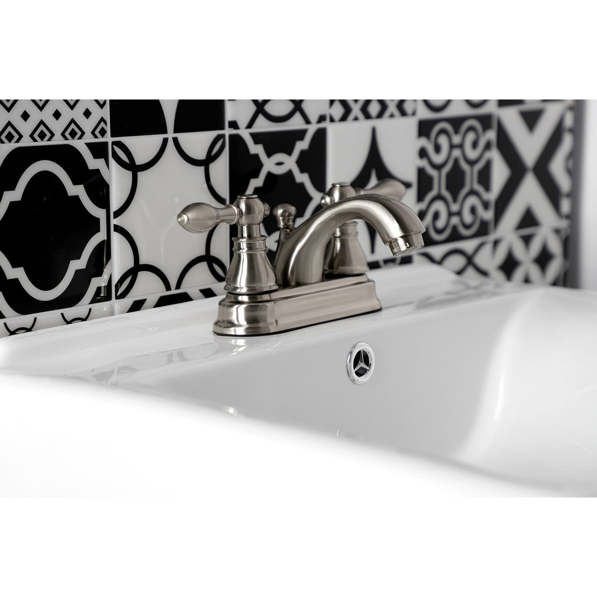 American Classic KB2608ACL Two-Handle 3-Hole Deck Mount 4" Centerset Bathroom Faucet with Plastic Pop-Up, Brushed Nickel