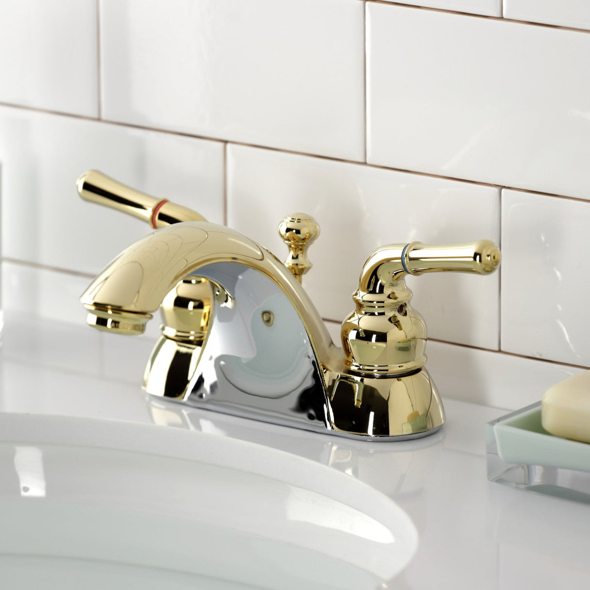 Naples KB2622 Two-Handle 3-Hole Deck Mount 4" Centerset Bathroom Faucet with Plastic Pop-Up, Polished Brass