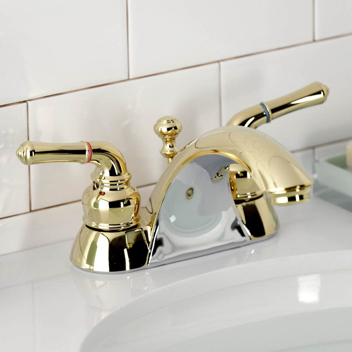Naples KB2622 Two-Handle 3-Hole Deck Mount 4" Centerset Bathroom Faucet with Plastic Pop-Up, Polished Brass