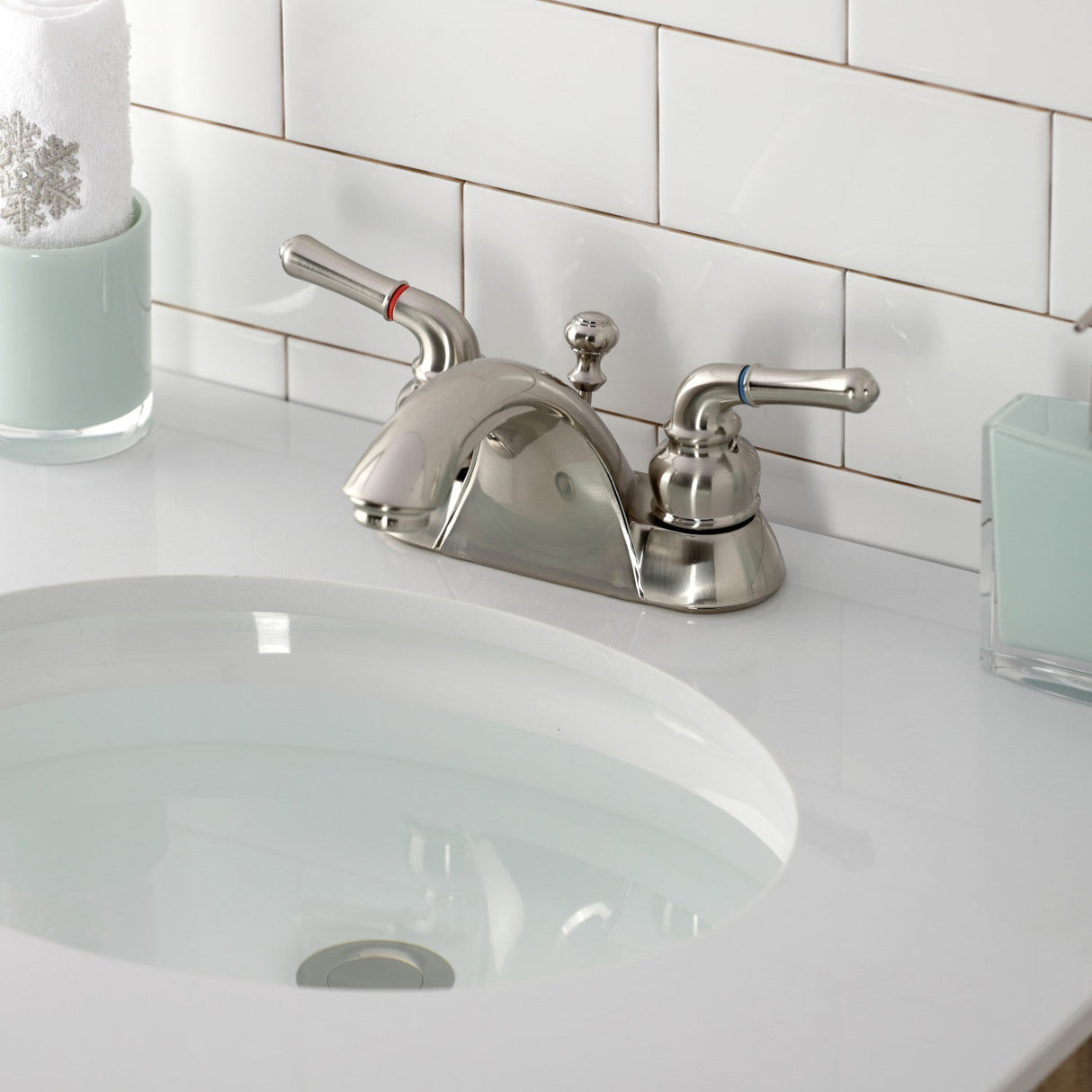 Naples KB2628 Two-Handle 3-Hole Deck Mount 4" Centerset Bathroom Faucet with Plastic Pop-Up, Brushed Nickel