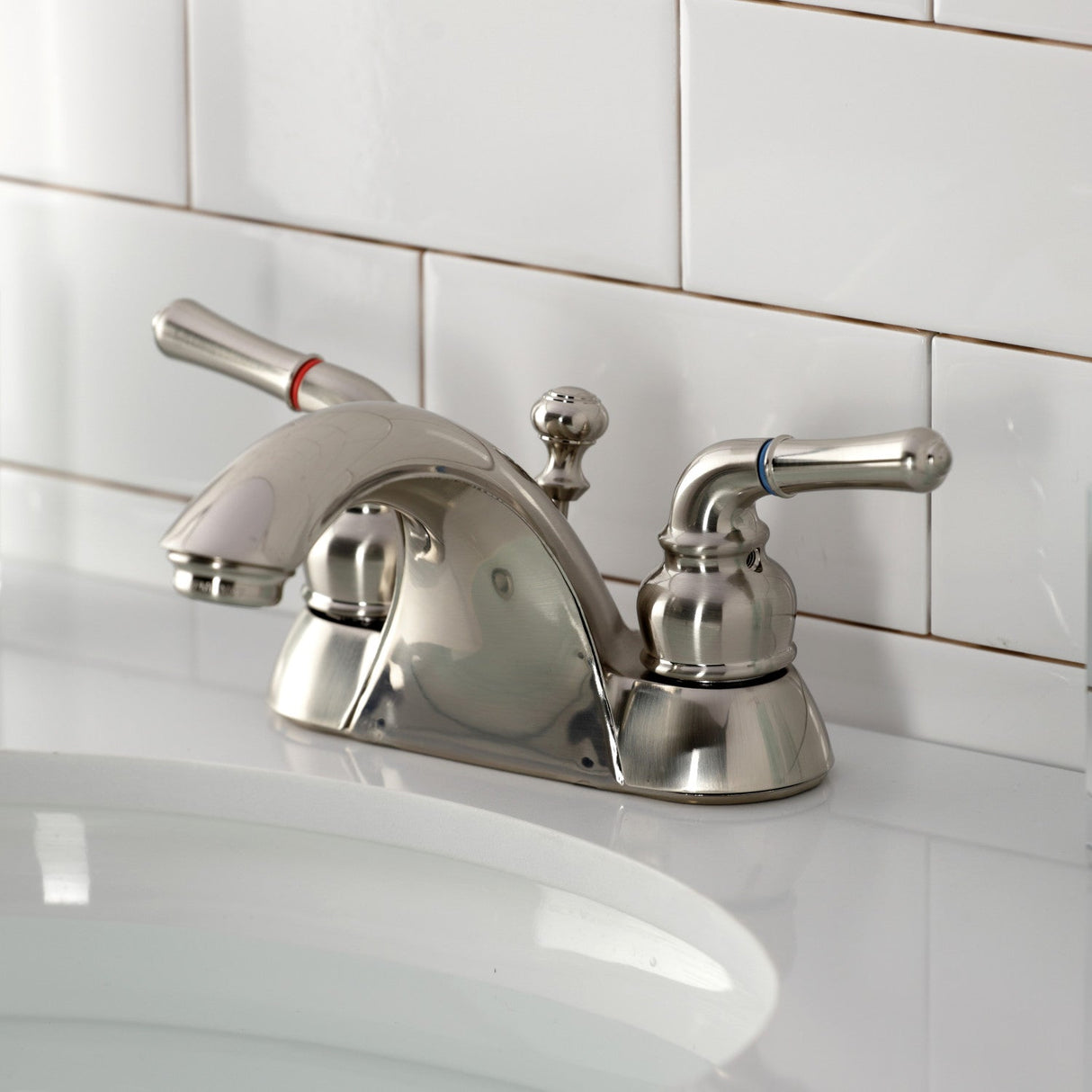 Naples KB2628 Two-Handle 3-Hole Deck Mount 4" Centerset Bathroom Faucet with Plastic Pop-Up, Brushed Nickel