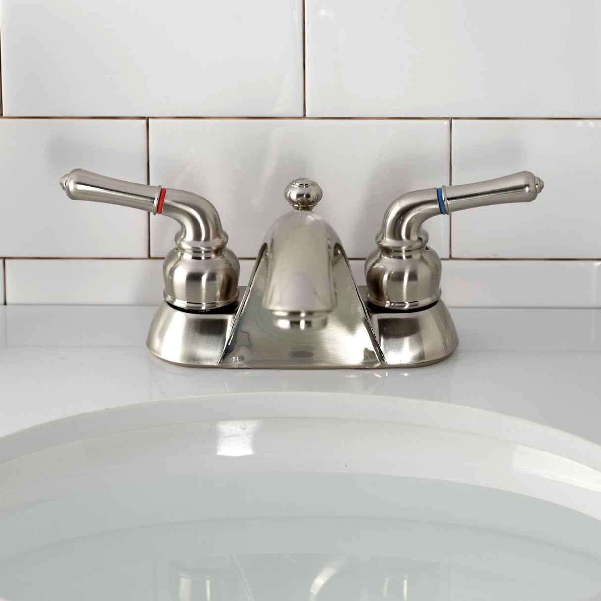 Naples KB2628 Two-Handle 3-Hole Deck Mount 4" Centerset Bathroom Faucet with Plastic Pop-Up, Brushed Nickel