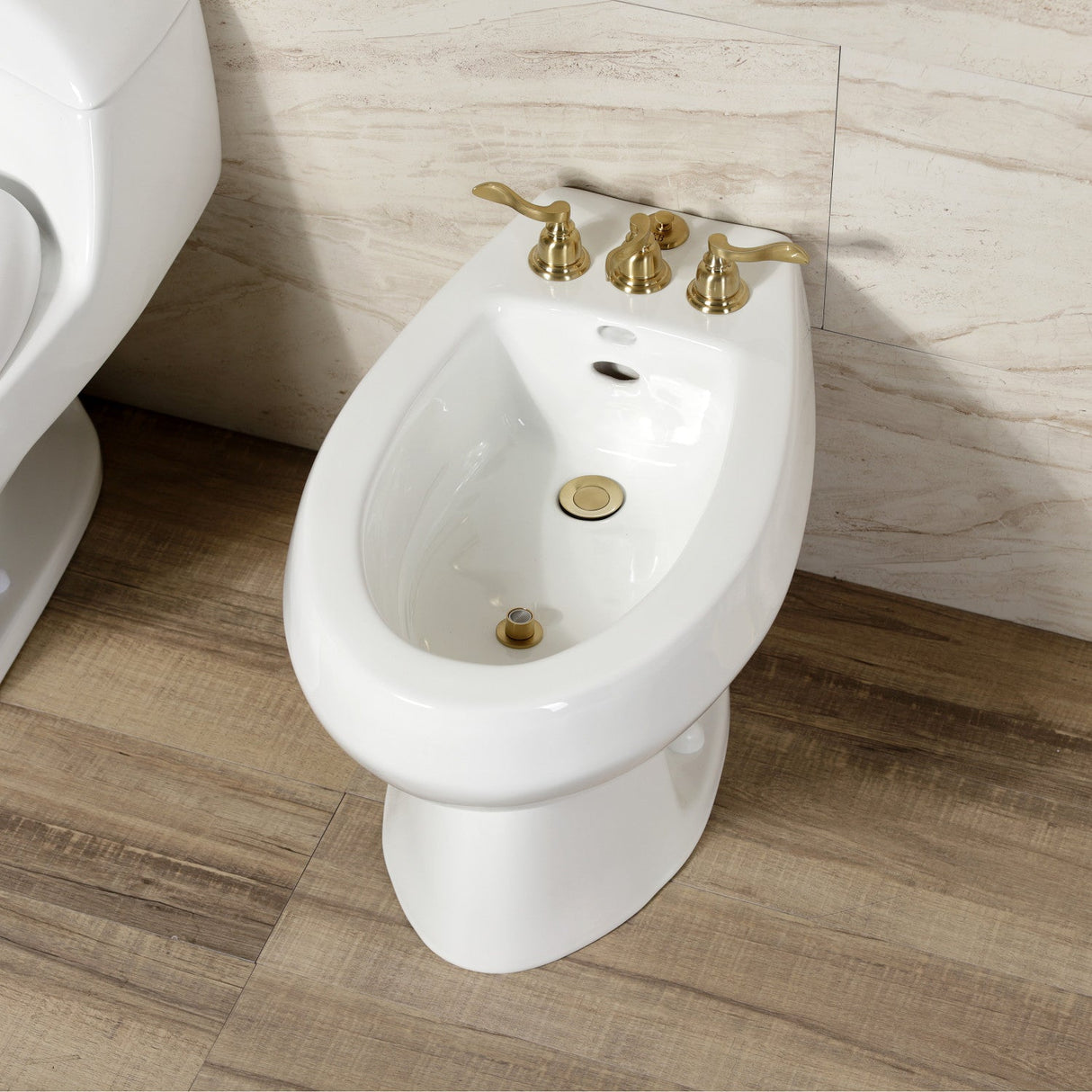 NuWave French KB327NFL Three-Handle Vertical Spray Bidet Faucet with Brass Pop-Up, Brushed Brass