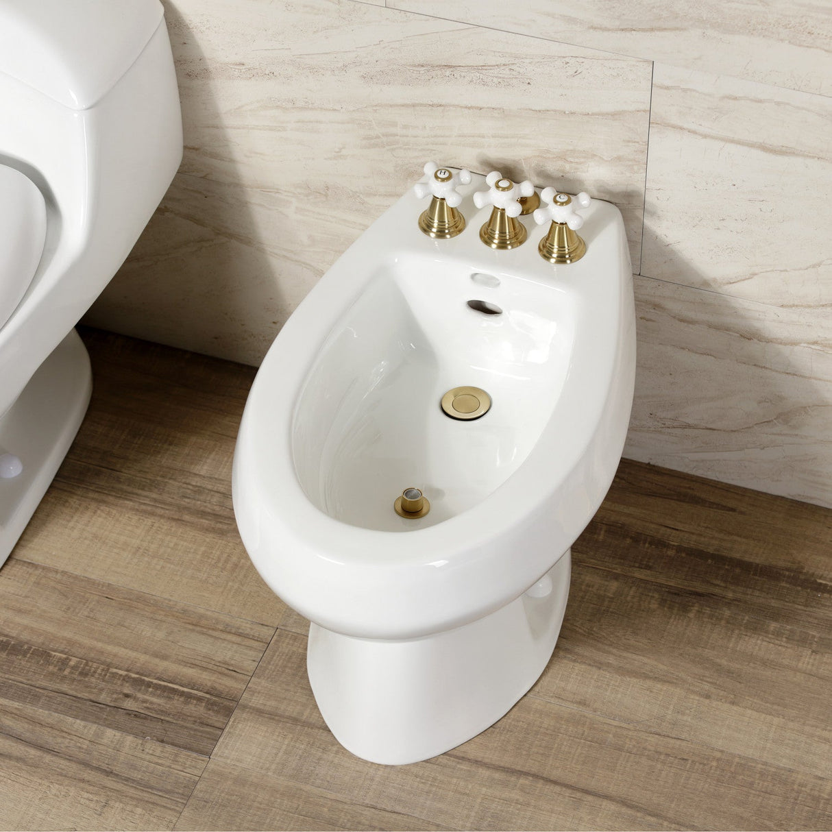 Victorian KB327PX Three-Handle Vertical Spray Bidet Faucet with Brass Pop-Up, Brushed Brass