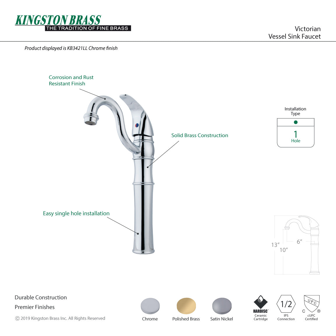 Victorian KB3425LL Single-Handle 1-Hole Deck Mount Vessel Faucet, Oil Rubbed Bronze