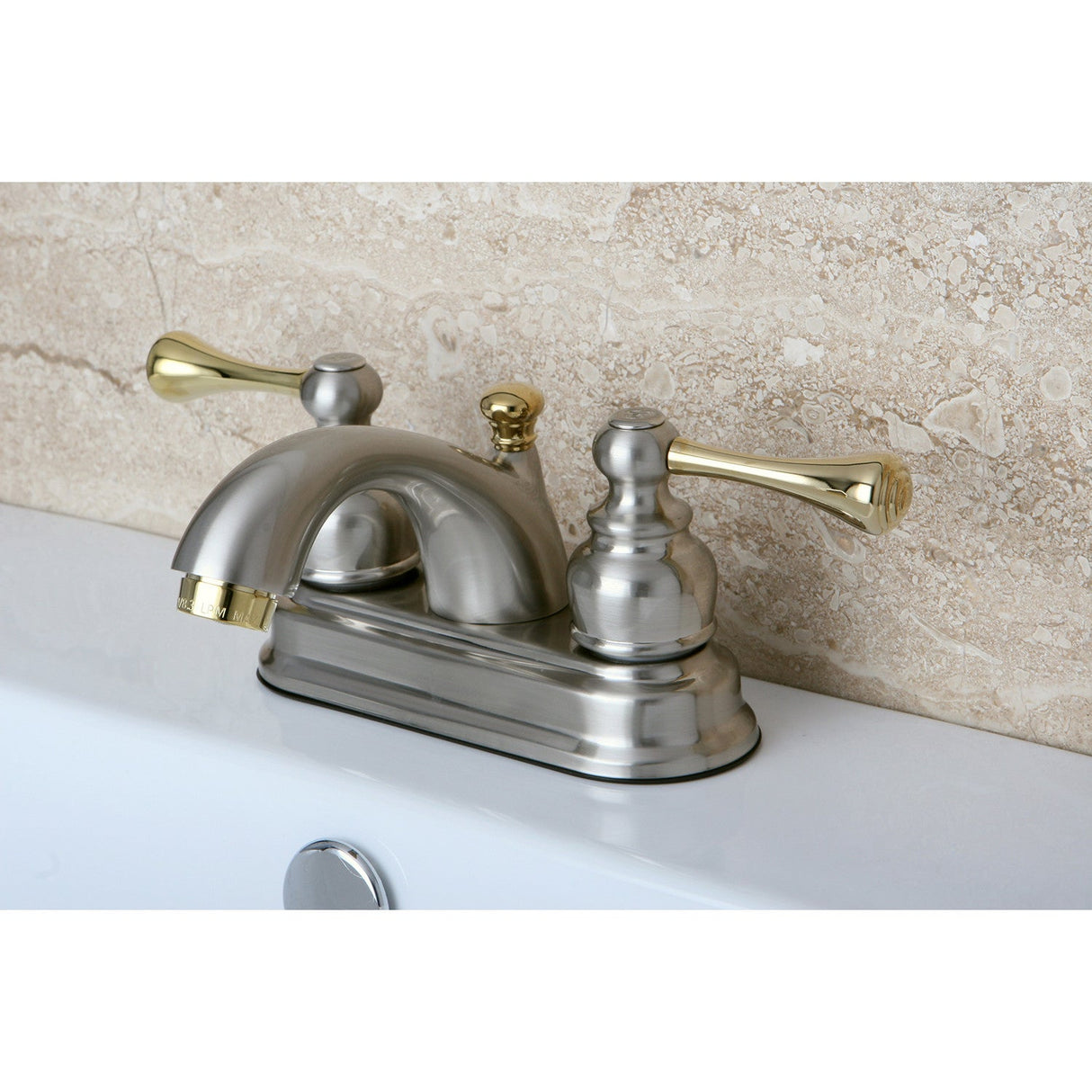 Vintage KB3609BL Two-Handle 3-Hole Deck Mount 4" Centerset Bathroom Faucet with Plastic Pop-Up, Brushed Nickel/Polished Brass