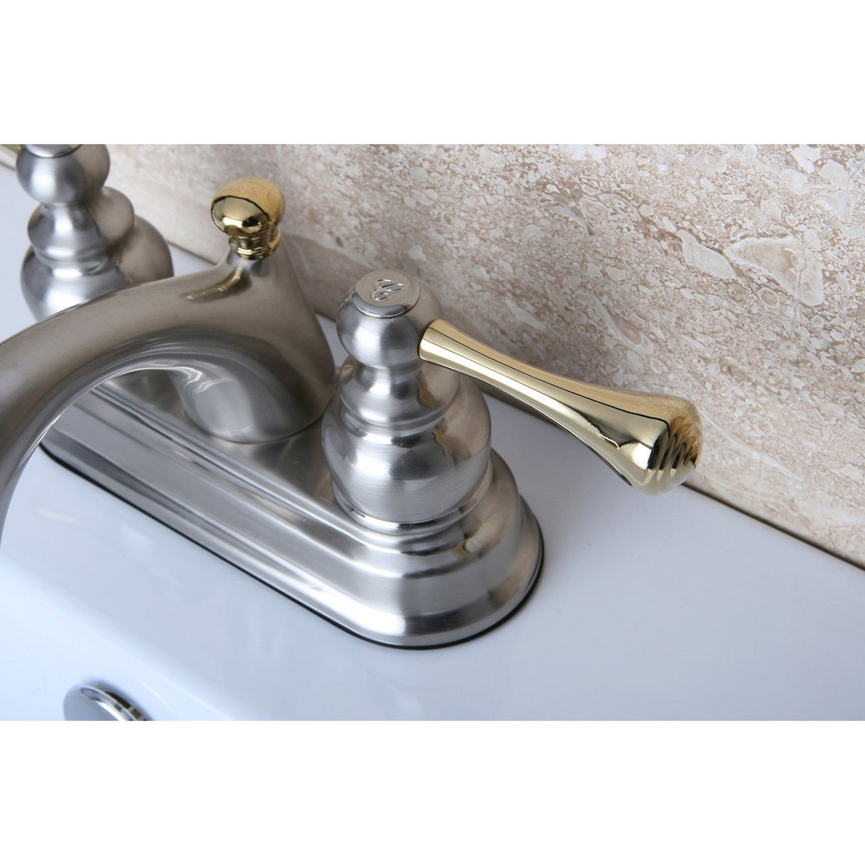 Vintage KB3609BL Two-Handle 3-Hole Deck Mount 4" Centerset Bathroom Faucet with Plastic Pop-Up, Brushed Nickel/Polished Brass