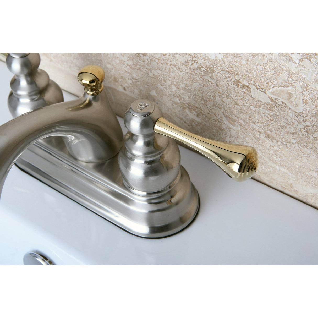 Vintage KB3609BL Two-Handle 3-Hole Deck Mount 4" Centerset Bathroom Faucet with Plastic Pop-Up, Brushed Nickel/Polished Brass