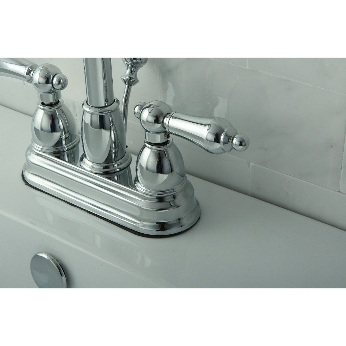 Restoration KB3611AL Two-Handle 3-Hole Deck Mount 4" Centerset Bathroom Faucet with Plastic Pop-Up, Polished Chrome