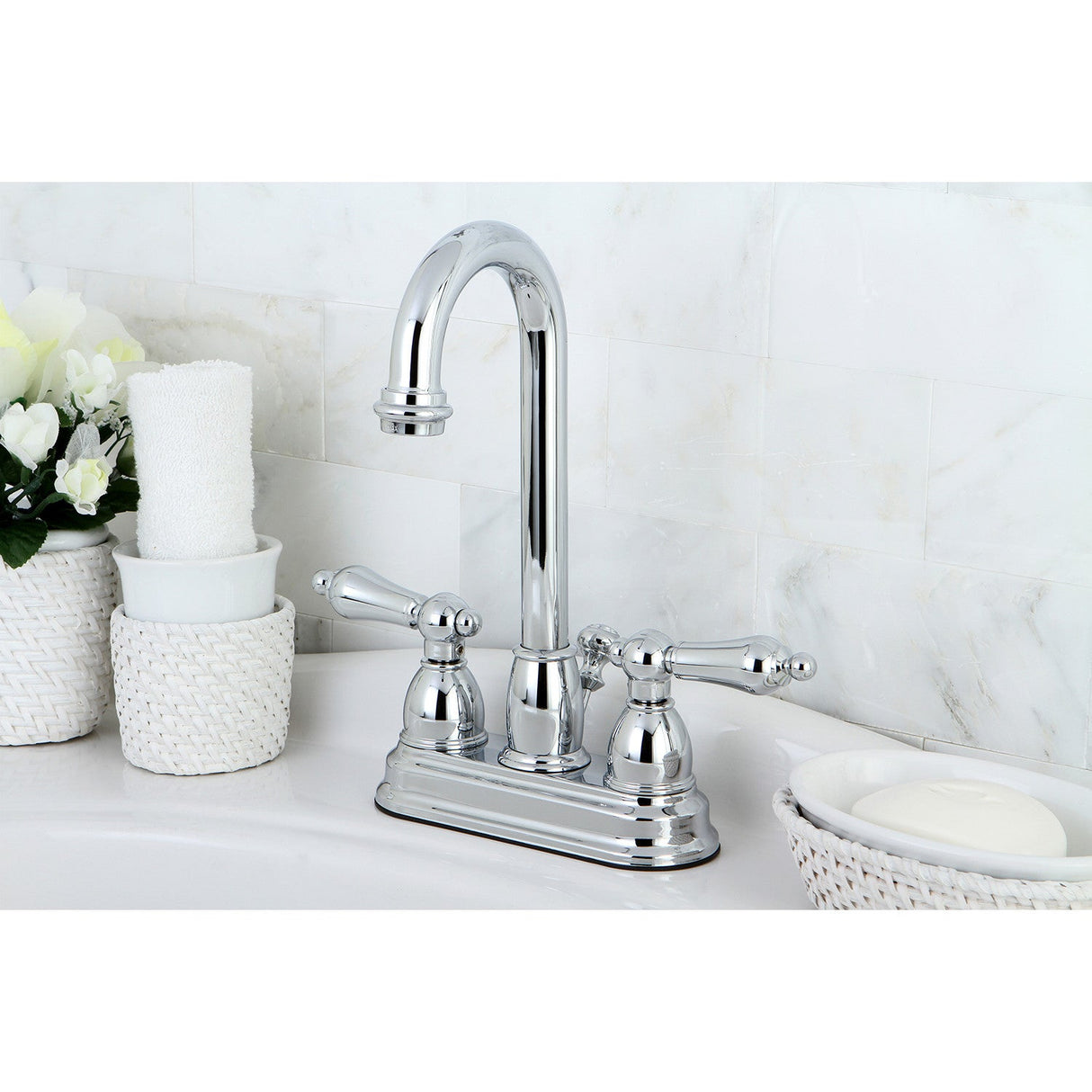 Restoration KB3611AL Two-Handle 3-Hole Deck Mount 4" Centerset Bathroom Faucet with Plastic Pop-Up, Polished Chrome