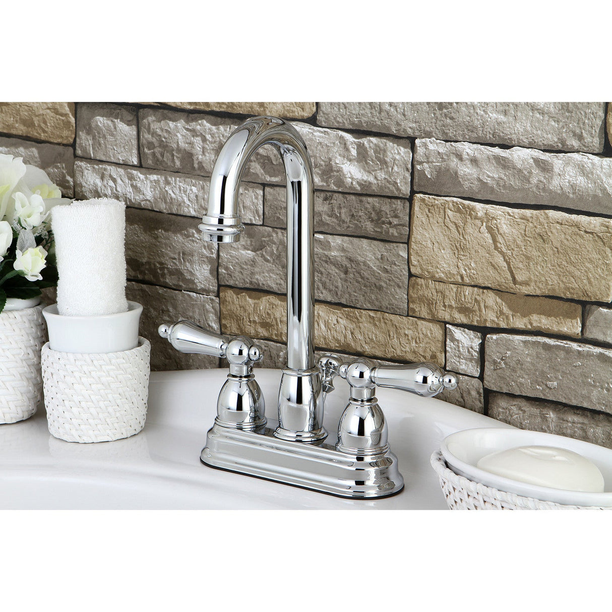Restoration KB3611AL Two-Handle 3-Hole Deck Mount 4" Centerset Bathroom Faucet with Plastic Pop-Up, Polished Chrome
