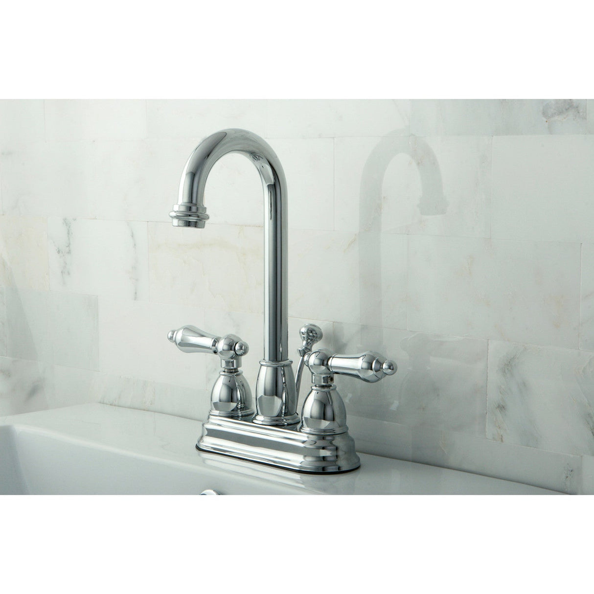 Restoration KB3611AL Two-Handle 3-Hole Deck Mount 4" Centerset Bathroom Faucet with Plastic Pop-Up, Polished Chrome
