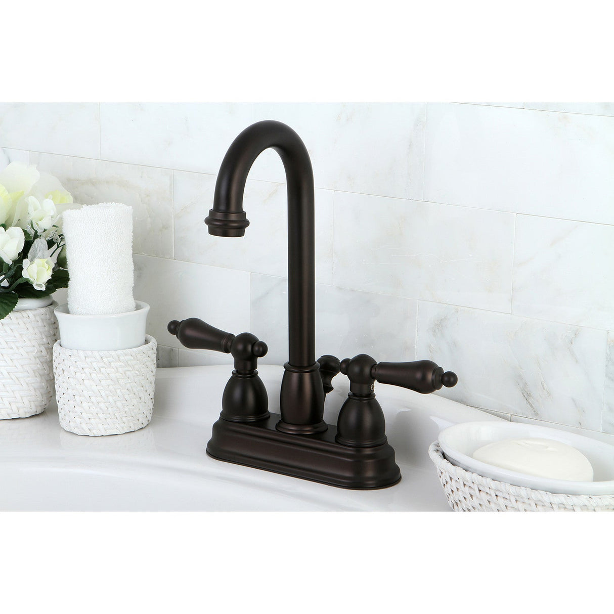Restoration KB3615AL Two-Handle 3-Hole Deck Mount 4" Centerset Bathroom Faucet with Plastic Pop-Up, Oil Rubbed Bronze