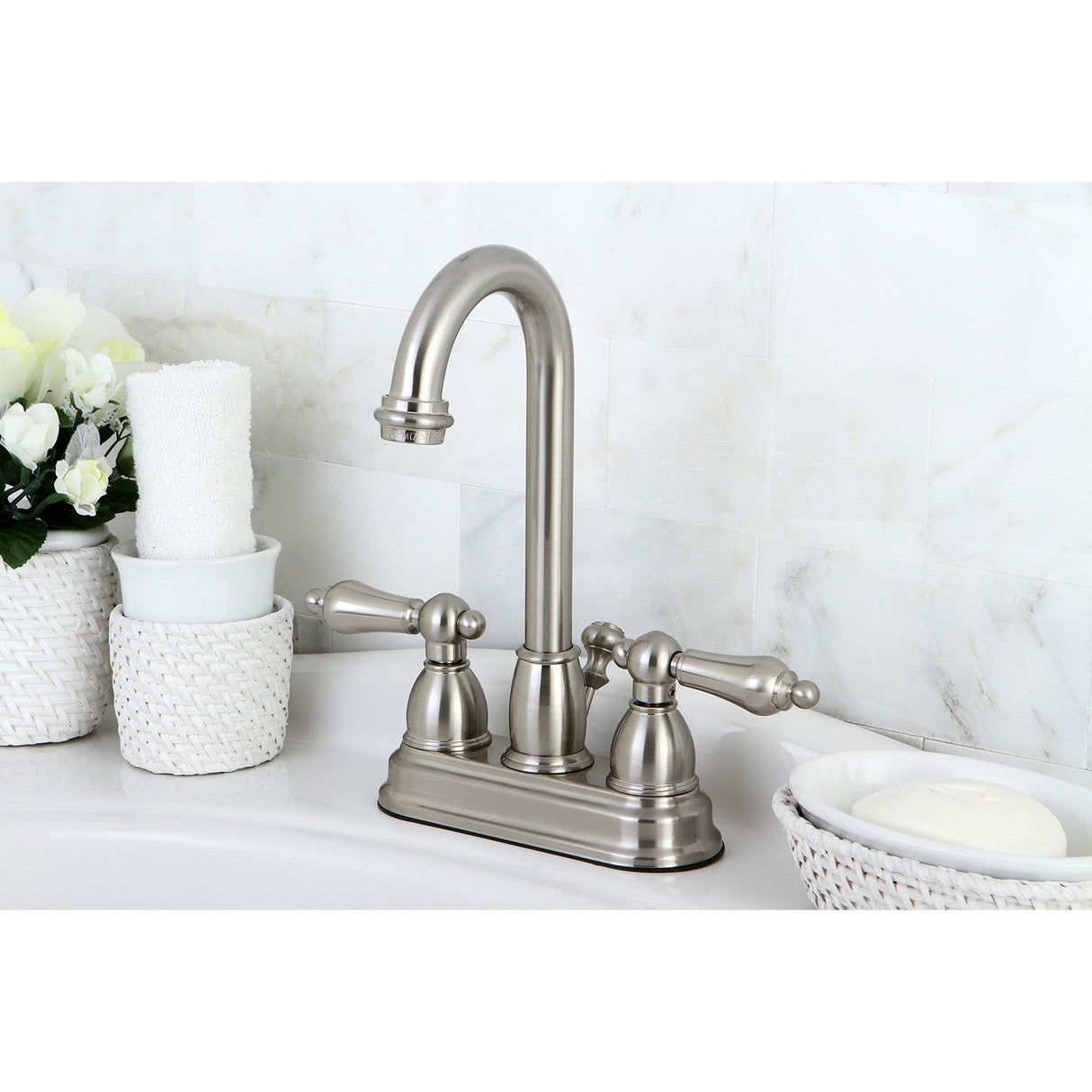 Restoration KB3618AL Two-Handle 3-Hole Deck Mount 4" Centerset Bathroom Faucet with Plastic Pop-Up, Brushed Nickel