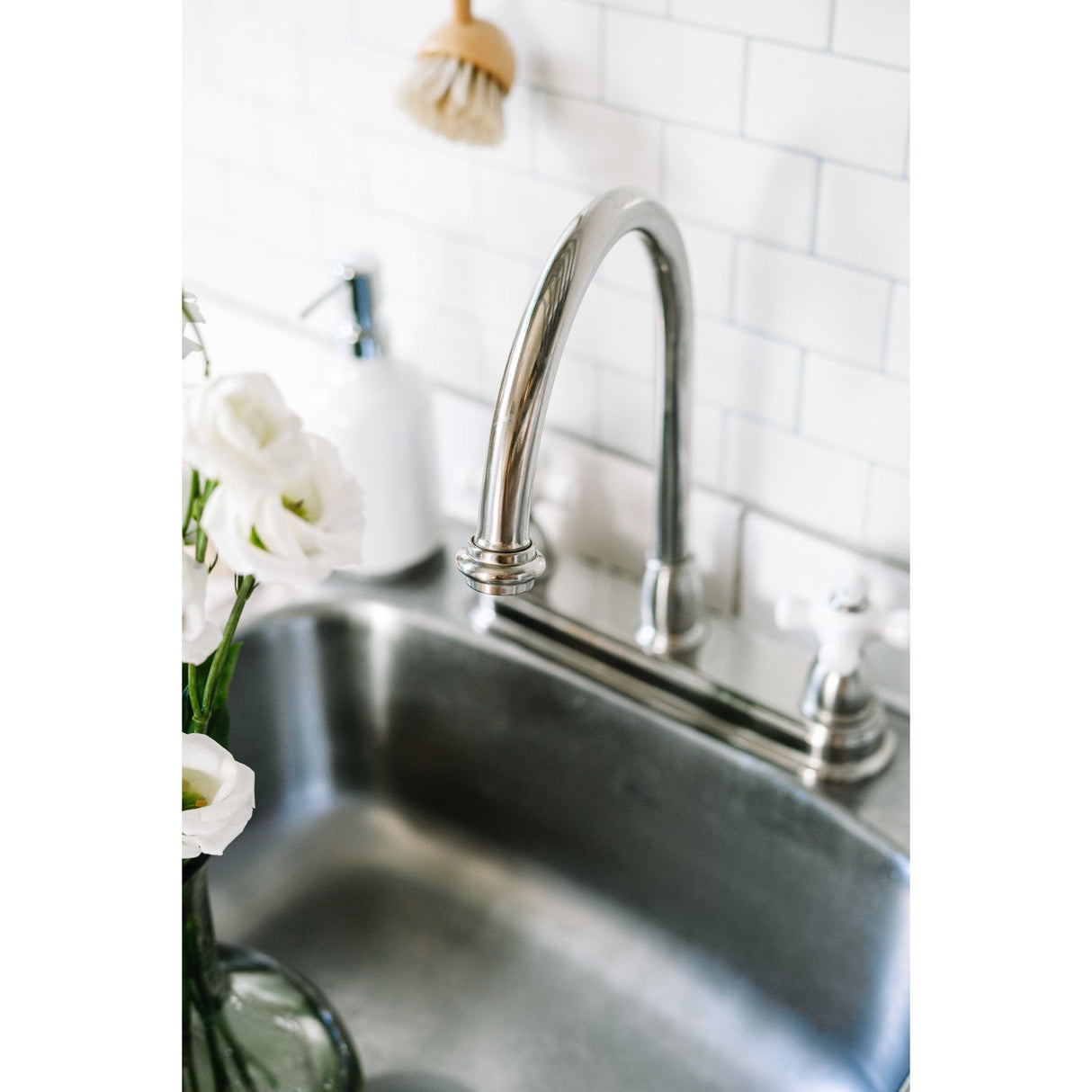 Restoration KB3748PX Two-Handle 3-Hole Deck Mount 8" Centerset Kitchen Faucet, Brushed Nickel