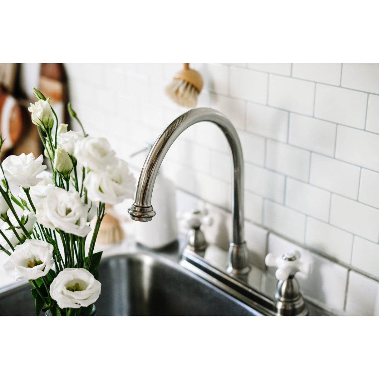 Restoration KB3748PX Two-Handle 3-Hole Deck Mount 8" Centerset Kitchen Faucet, Brushed Nickel