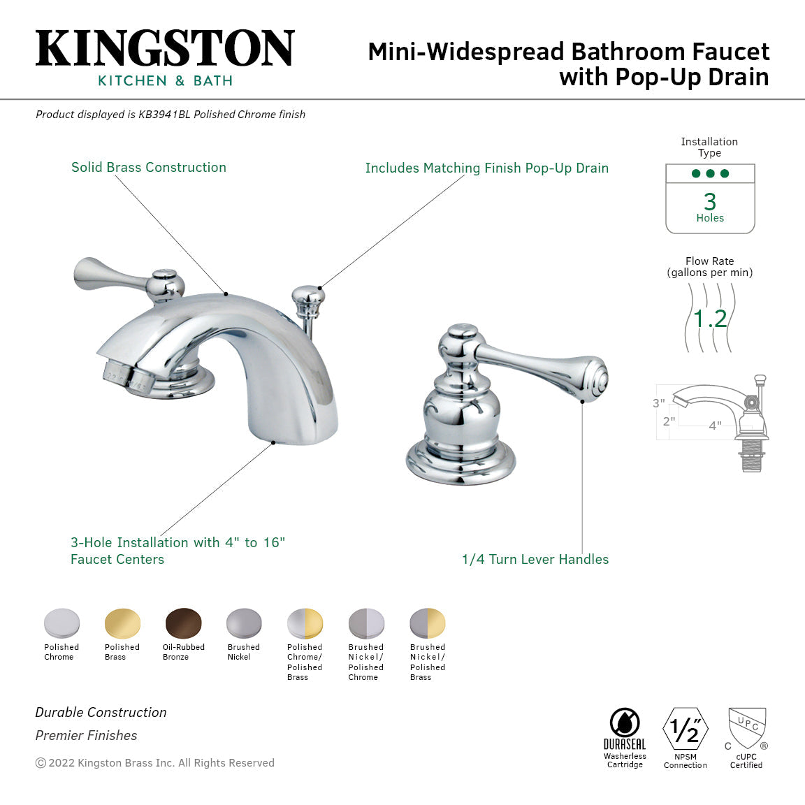 Vintage KB3945BL Two-Handle 3-Hole Deck Mount Mini-Widespread Bathroom Faucet with Plastic Pop-Up, Oil Rubbed Bronze