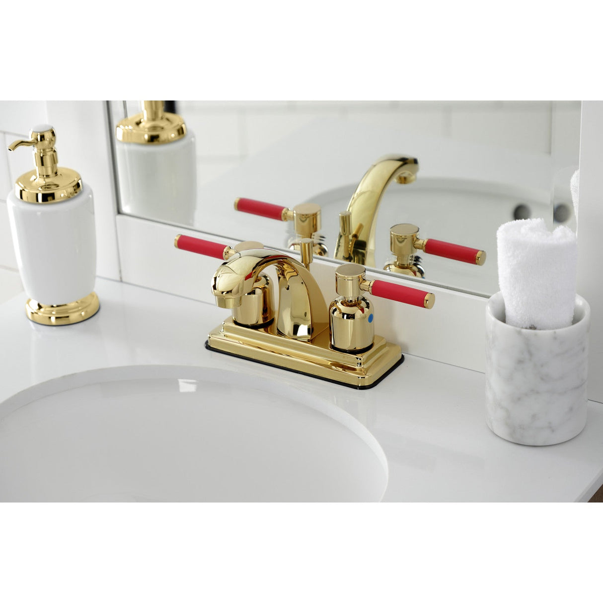 Kaiser KB4642DKL Two-Handle 3-Hole Deck Mount 4" Centerset Bathroom Faucet with Plastic Pop-Up, Polished Brass