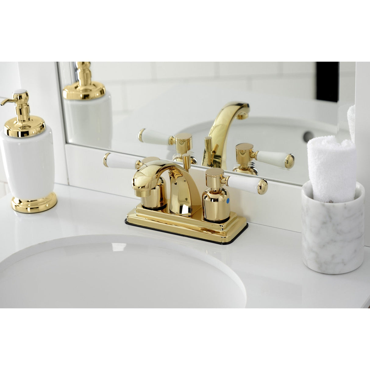 Paris KB4642DPL Two-Handle 3-Hole Deck Mount 4" Centerset Bathroom Faucet with Plastic Pop-Up, Polished Brass