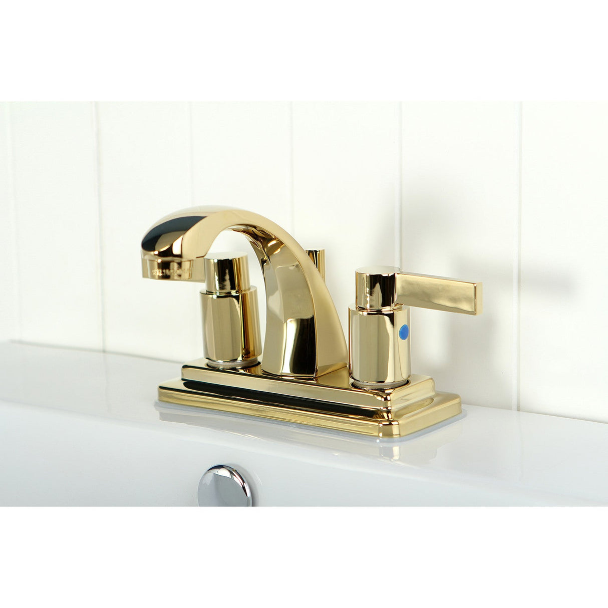 NuvoFusion KB4642NDL Two-Handle 3-Hole Deck Mount 4" Centerset Bathroom Faucet with Plastic Pop-Up, Polished Brass
