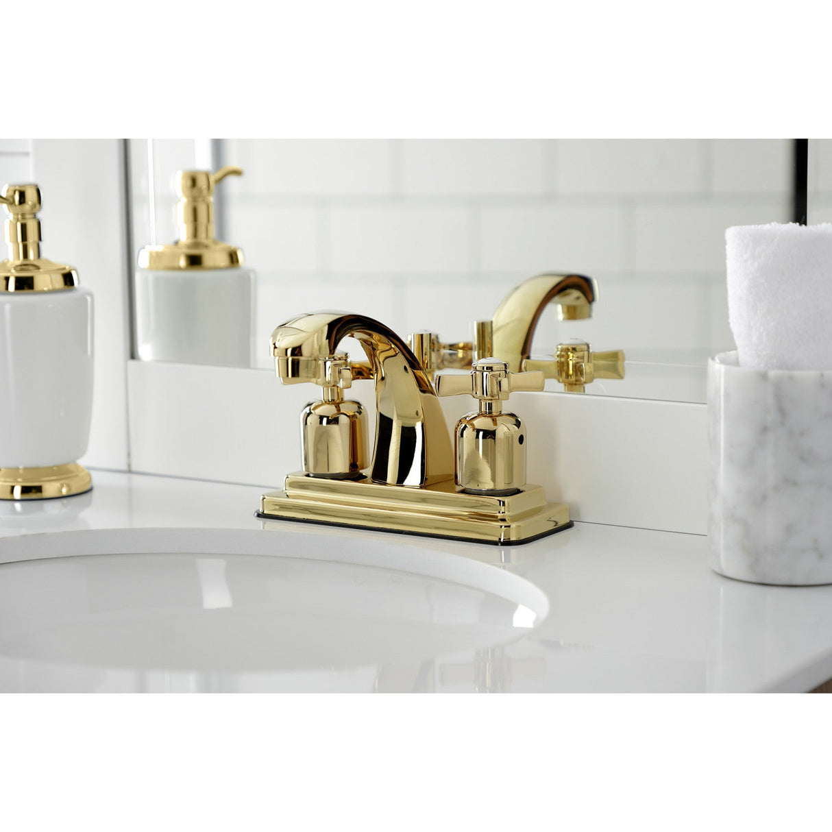 Millennium KB4642ZX Two-Handle 3-Hole Deck Mount 4" Centerset Bathroom Faucet with Plastic Pop-Up, Polished Brass