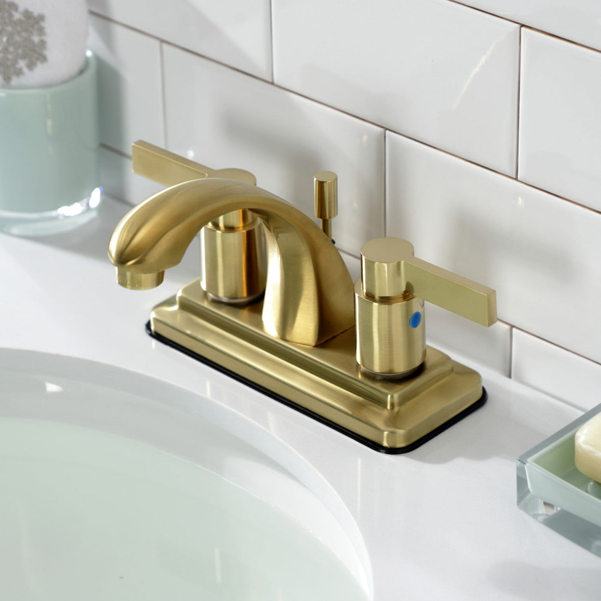 NuvoFusion KB4647NDL Two-Handle 3-Hole Deck Mount 4" Centerset Bathroom Faucet with Plastic Pop-Up, Brushed Brass