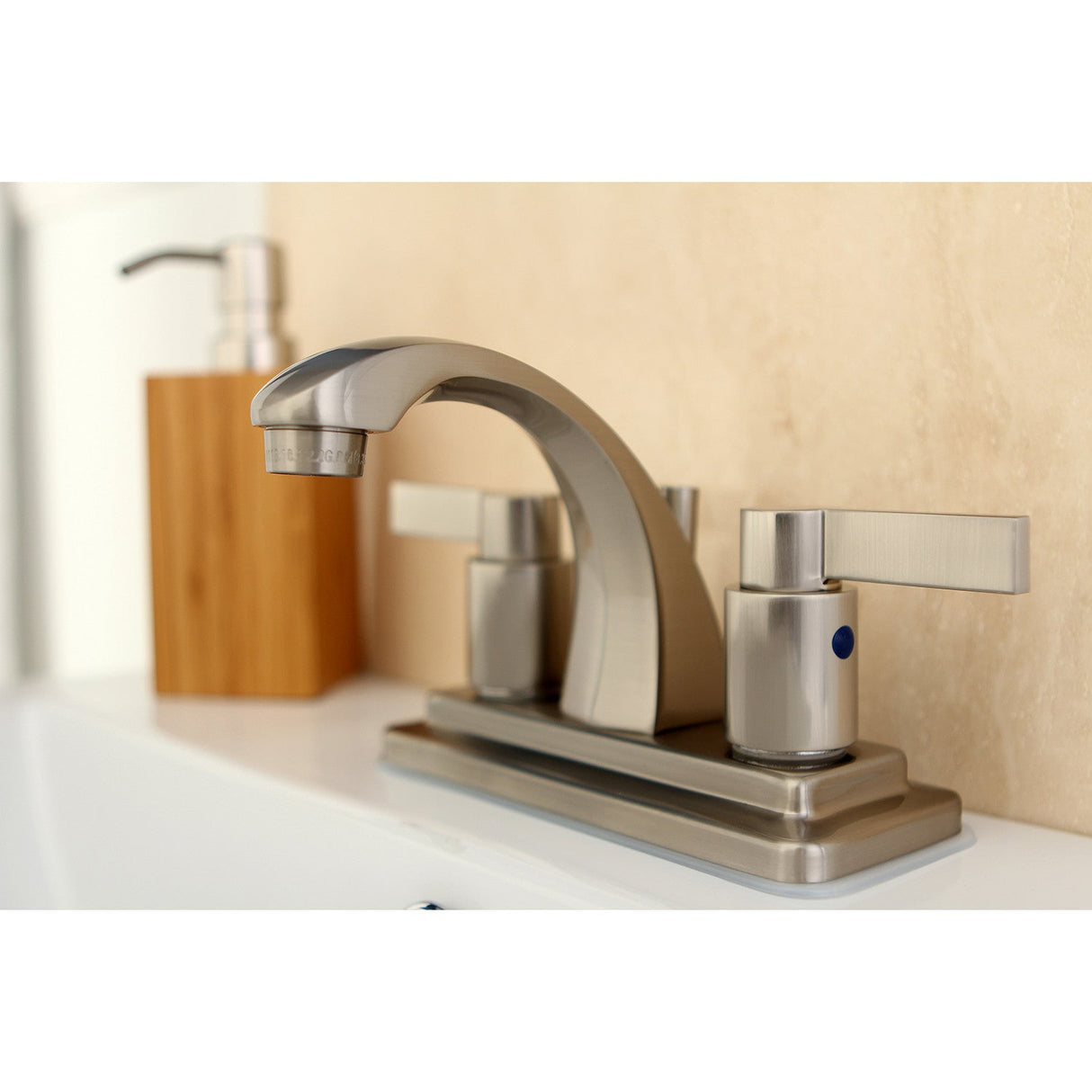 NuvoFusion KB4648NDL Two-Handle 3-Hole Deck Mount 4" Centerset Bathroom Faucet with Plastic Pop-Up, Brushed Nickel