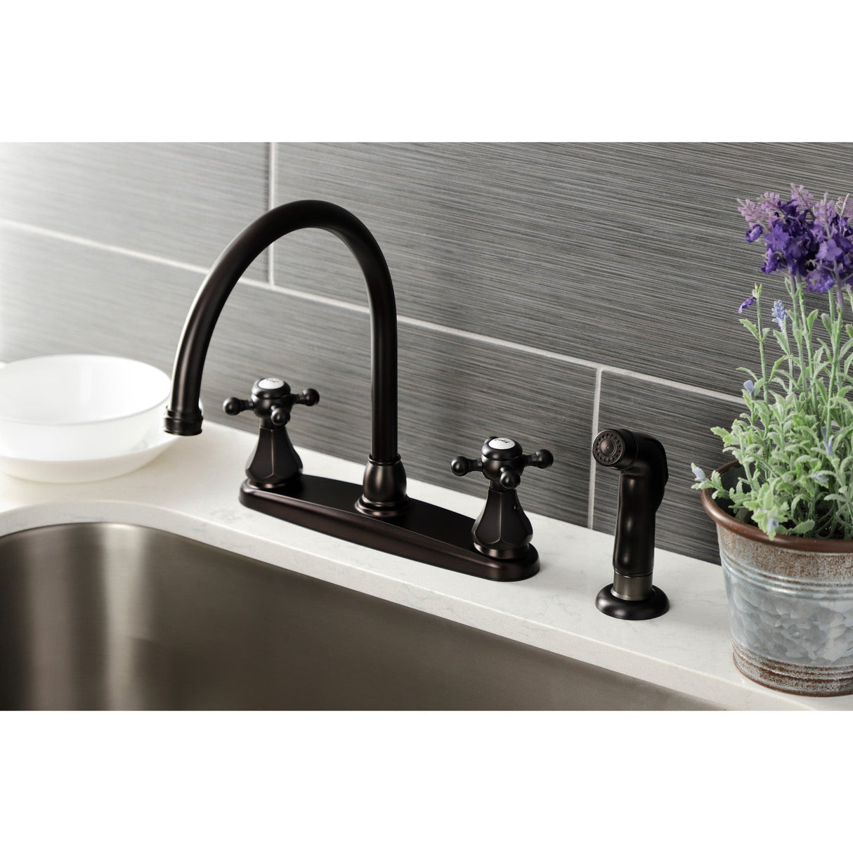 Metropolitan KB4725BXSP Two-Handle 4-Hole Deck Mount 8" Centerset Kitchen Faucet with Side Sprayer, Oil Rubbed Bronze