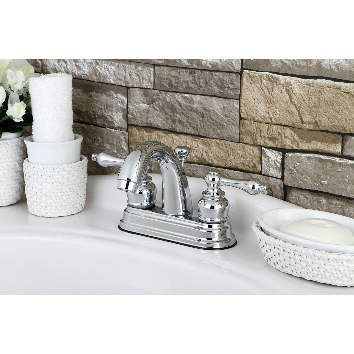 Restoration KB5611AL Two-Handle 3-Hole Deck Mount 4" Centerset Bathroom Faucet with Plastic Pop-Up, Polished Chrome