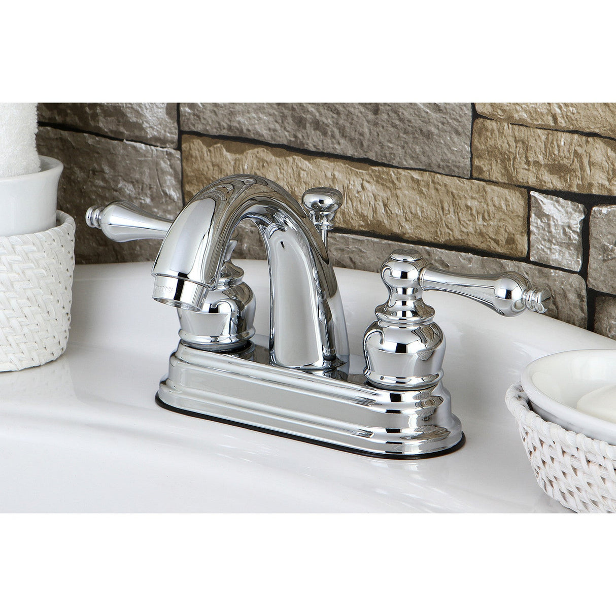 Restoration KB5611AL Two-Handle 3-Hole Deck Mount 4" Centerset Bathroom Faucet with Plastic Pop-Up, Polished Chrome