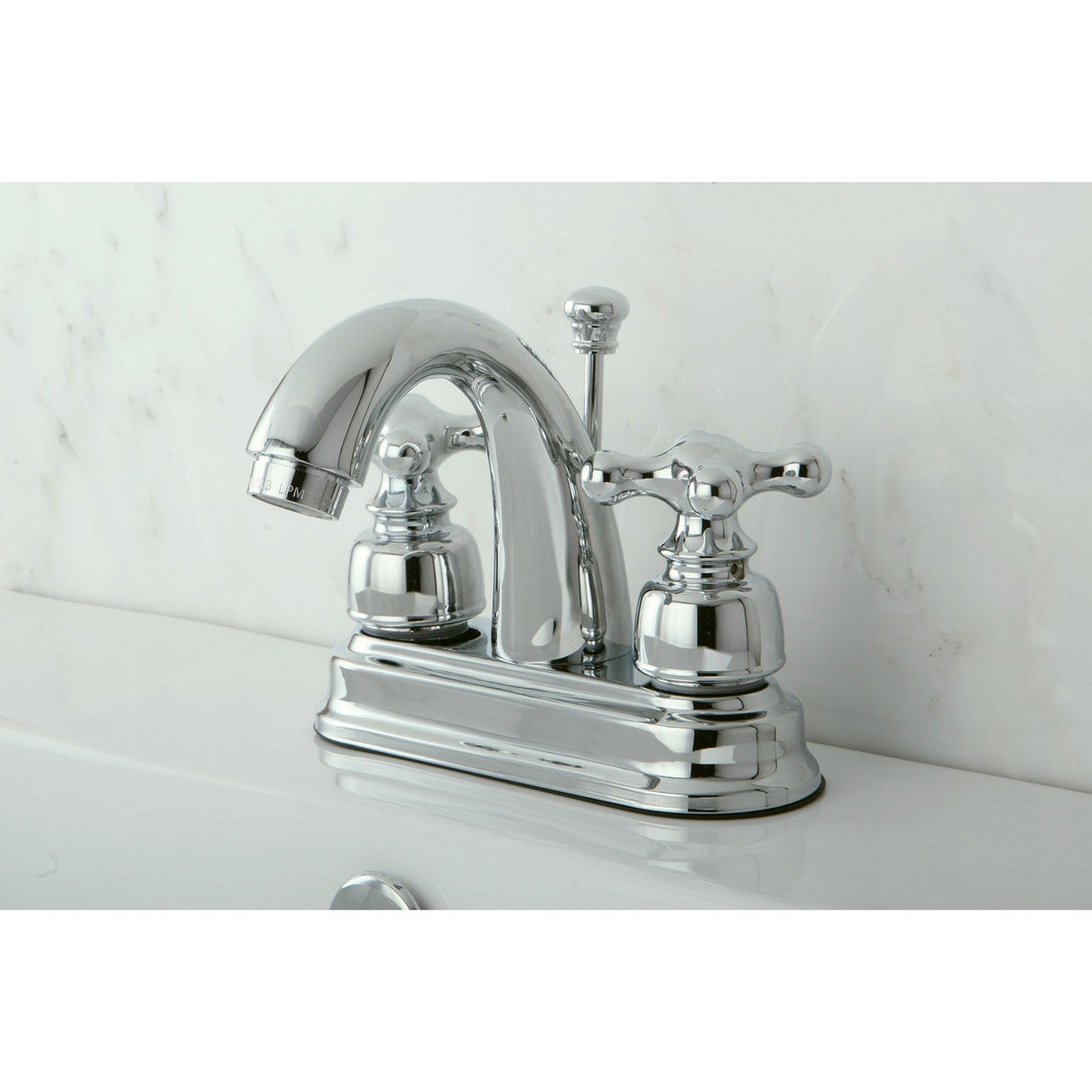 Restoration KB5611AX Two-Handle 3-Hole Deck Mount 4" Centerset Bathroom Faucet with Plastic Pop-Up, Polished Chrome