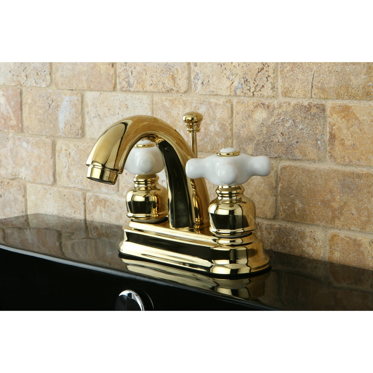 Restoration KB5612PX Two-Handle 3-Hole Deck Mount 4" Centerset Bathroom Faucet with Plastic Pop-Up, Polished Brass