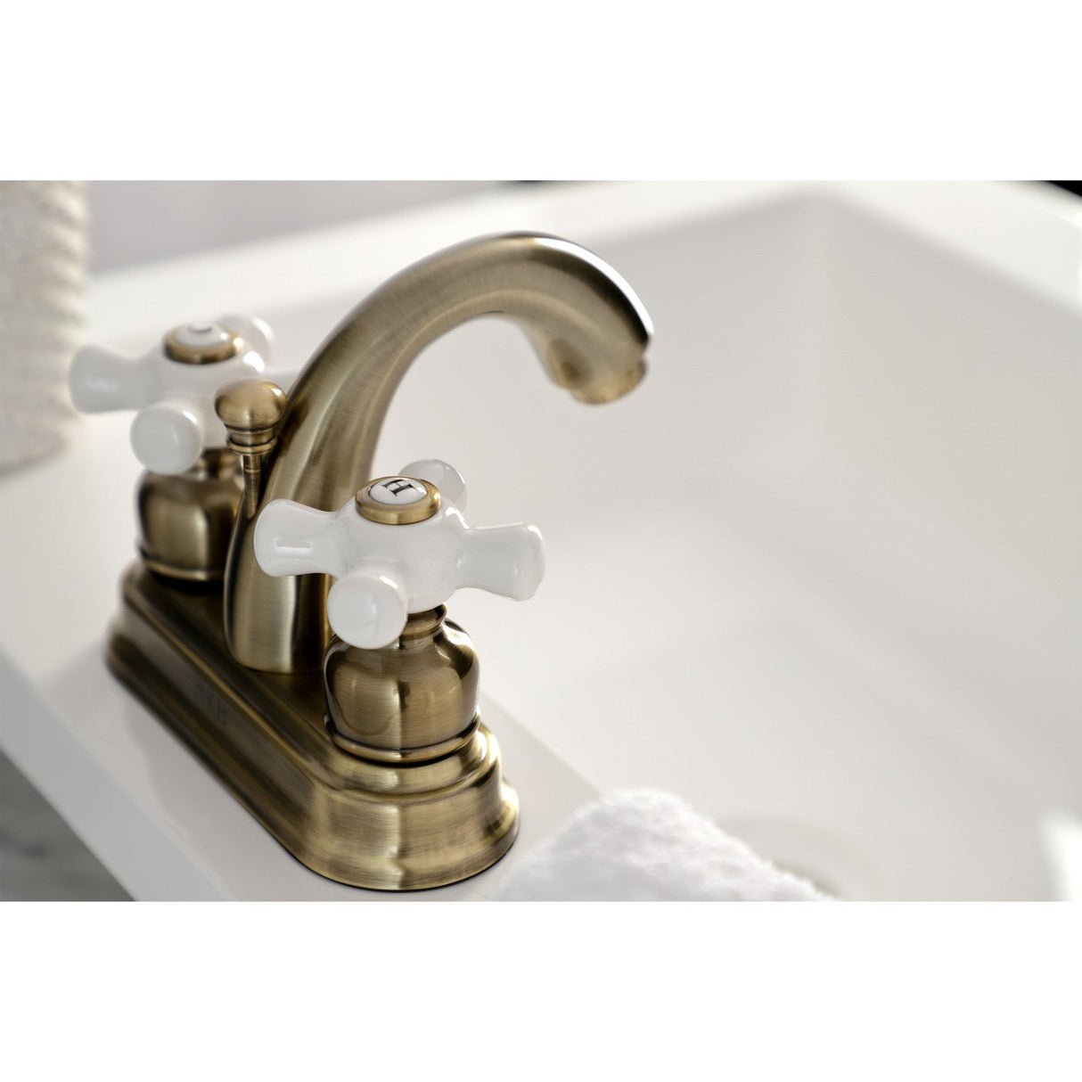 Restoration KB5613PX Two-Handle 3-Hole Deck Mount 4" Centerset Bathroom Faucet with Plastic Pop-Up, Antique Brass