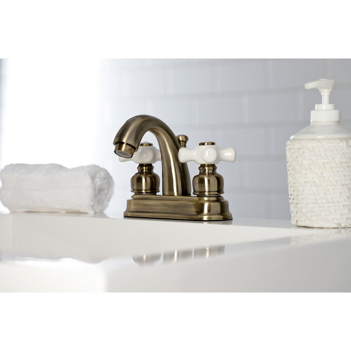 Restoration KB5613PX Two-Handle 3-Hole Deck Mount 4" Centerset Bathroom Faucet with Plastic Pop-Up, Antique Brass