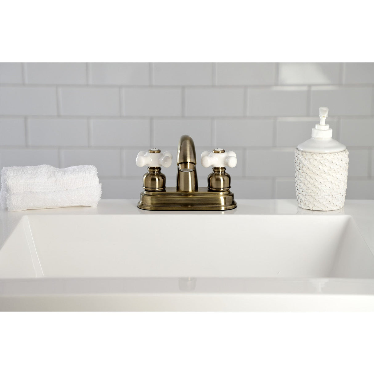 Restoration KB5613PX Two-Handle 3-Hole Deck Mount 4" Centerset Bathroom Faucet with Plastic Pop-Up, Antique Brass