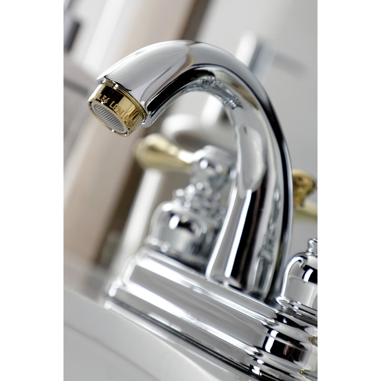 Restoration KB5614AL Two-Handle 3-Hole Deck Mount 4" Centerset Bathroom Faucet with Plastic Pop-Up, Polished Chrome/Polished Brass