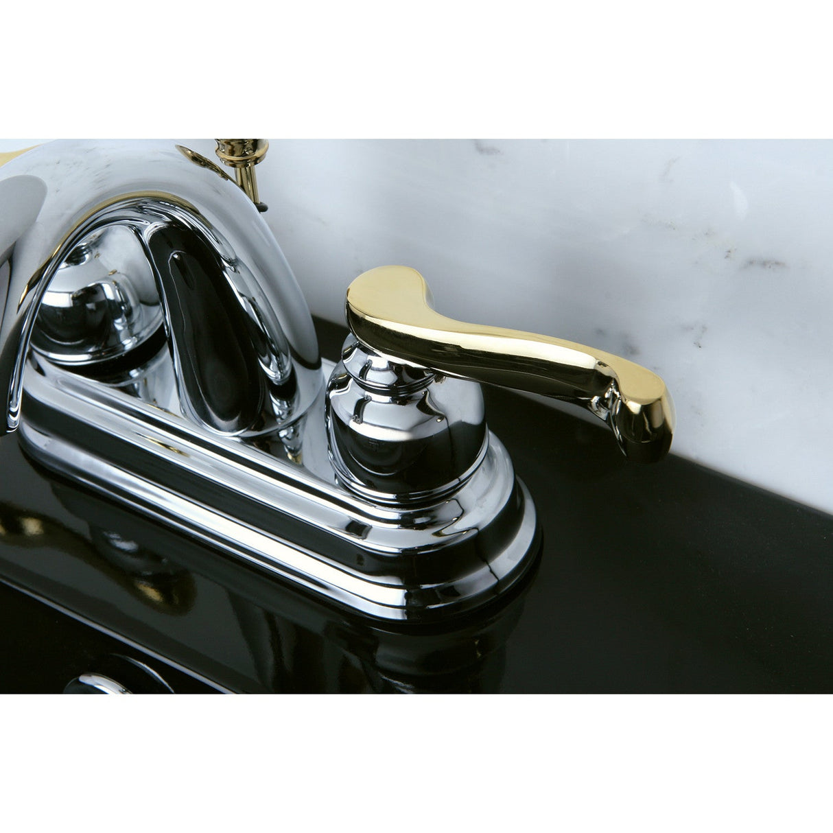 KB5614FL Two-Handle 3-Hole Deck Mount 4" Centerset Bathroom Faucet with Plastic Pop-Up, Polished Chrome/Polished Brass