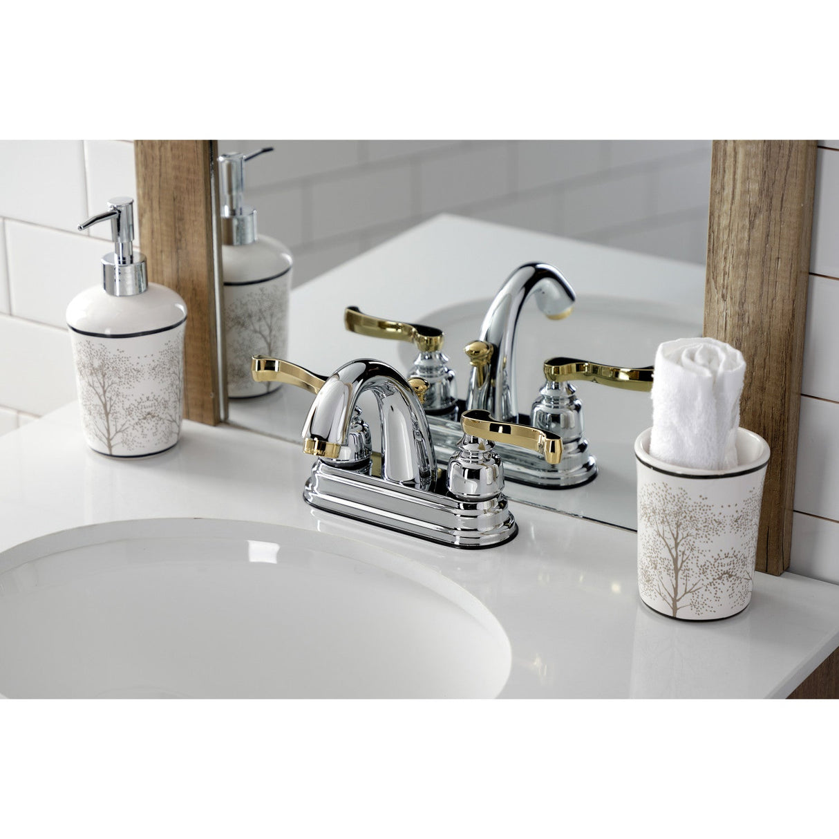 KB5614FL Two-Handle 3-Hole Deck Mount 4" Centerset Bathroom Faucet with Plastic Pop-Up, Polished Chrome/Polished Brass