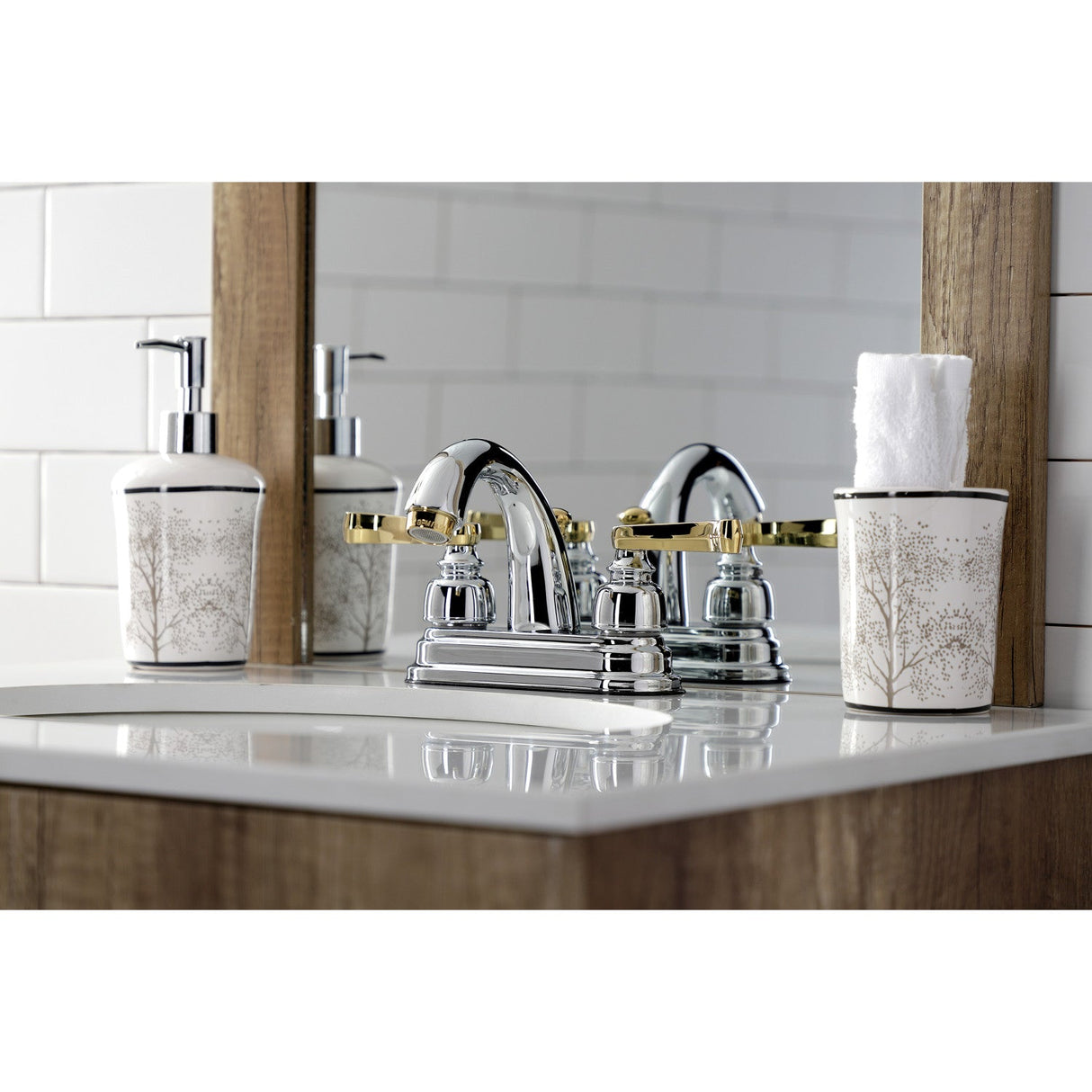 KB5614FL Two-Handle 3-Hole Deck Mount 4" Centerset Bathroom Faucet with Plastic Pop-Up, Polished Chrome/Polished Brass