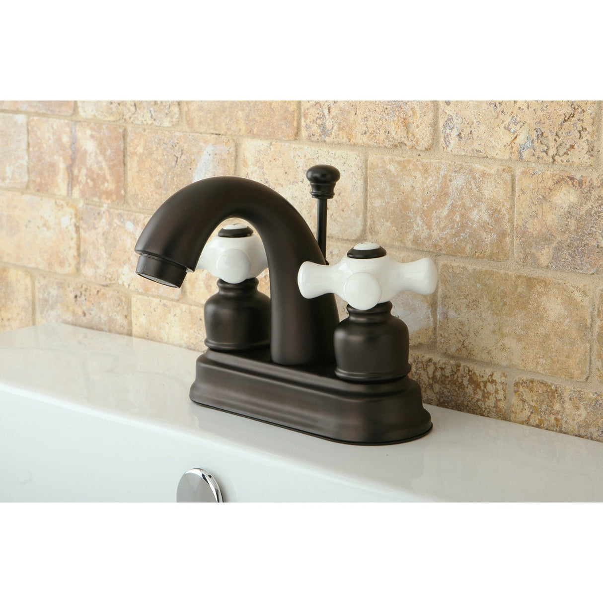 Restoration KB5615PX Two-Handle 3-Hole Deck Mount 4" Centerset Bathroom Faucet with Plastic Pop-Up, Oil Rubbed Bronze
