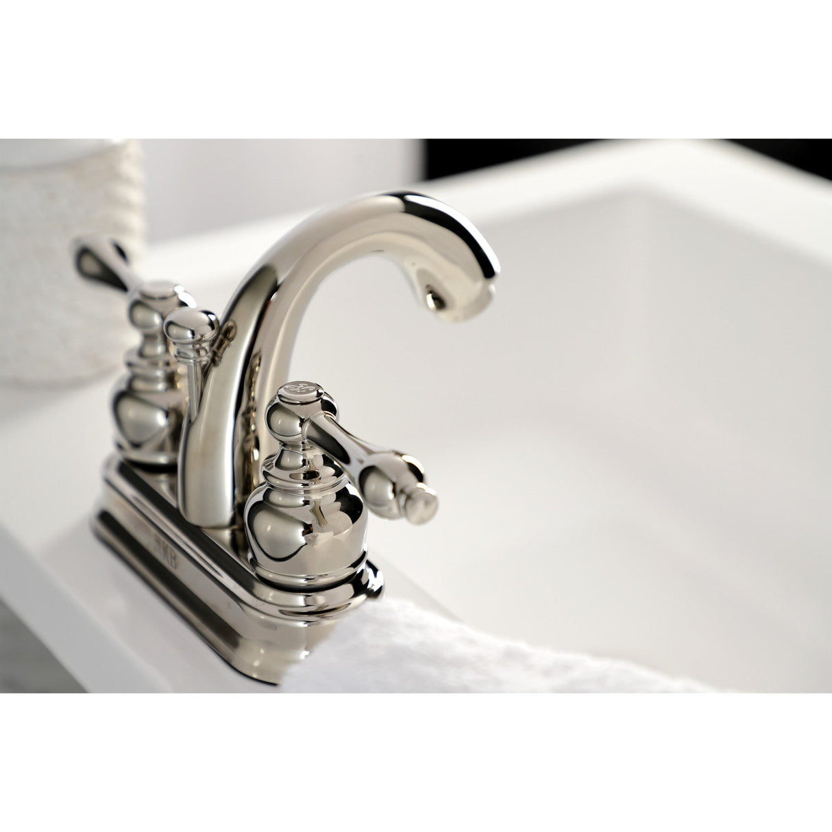 Restoration KB5616AL Two-Handle 3-Hole Deck Mount 4" Centerset Bathroom Faucet with Plastic Pop-Up, Polished Nickel
