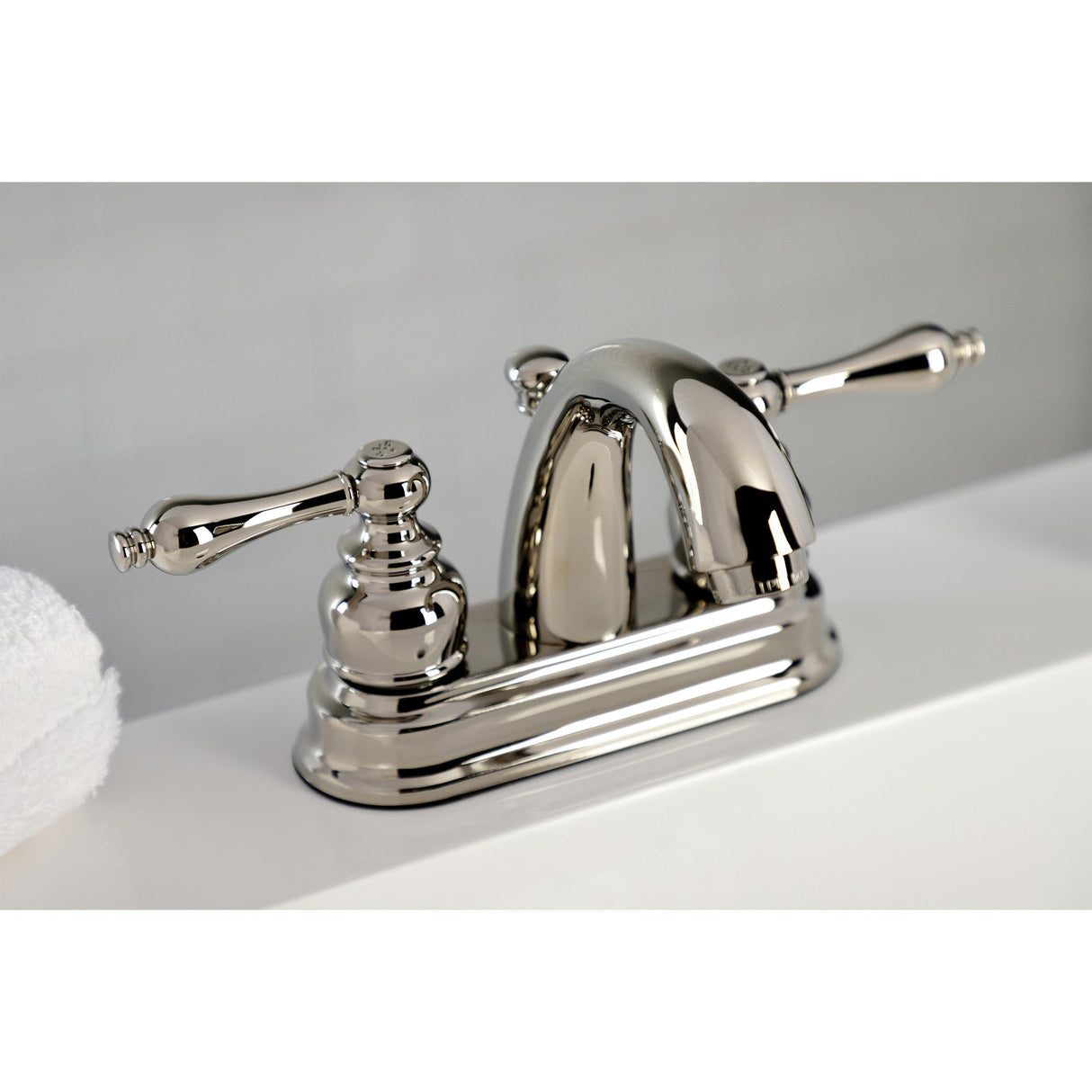 Restoration KB5616AL Two-Handle 3-Hole Deck Mount 4" Centerset Bathroom Faucet with Plastic Pop-Up, Polished Nickel