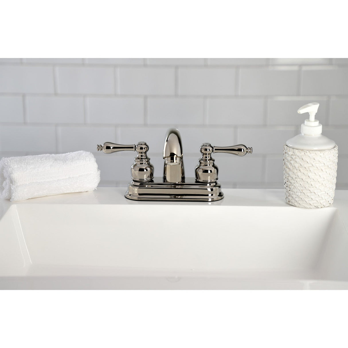 Restoration KB5616AL Two-Handle 3-Hole Deck Mount 4" Centerset Bathroom Faucet with Plastic Pop-Up, Polished Nickel