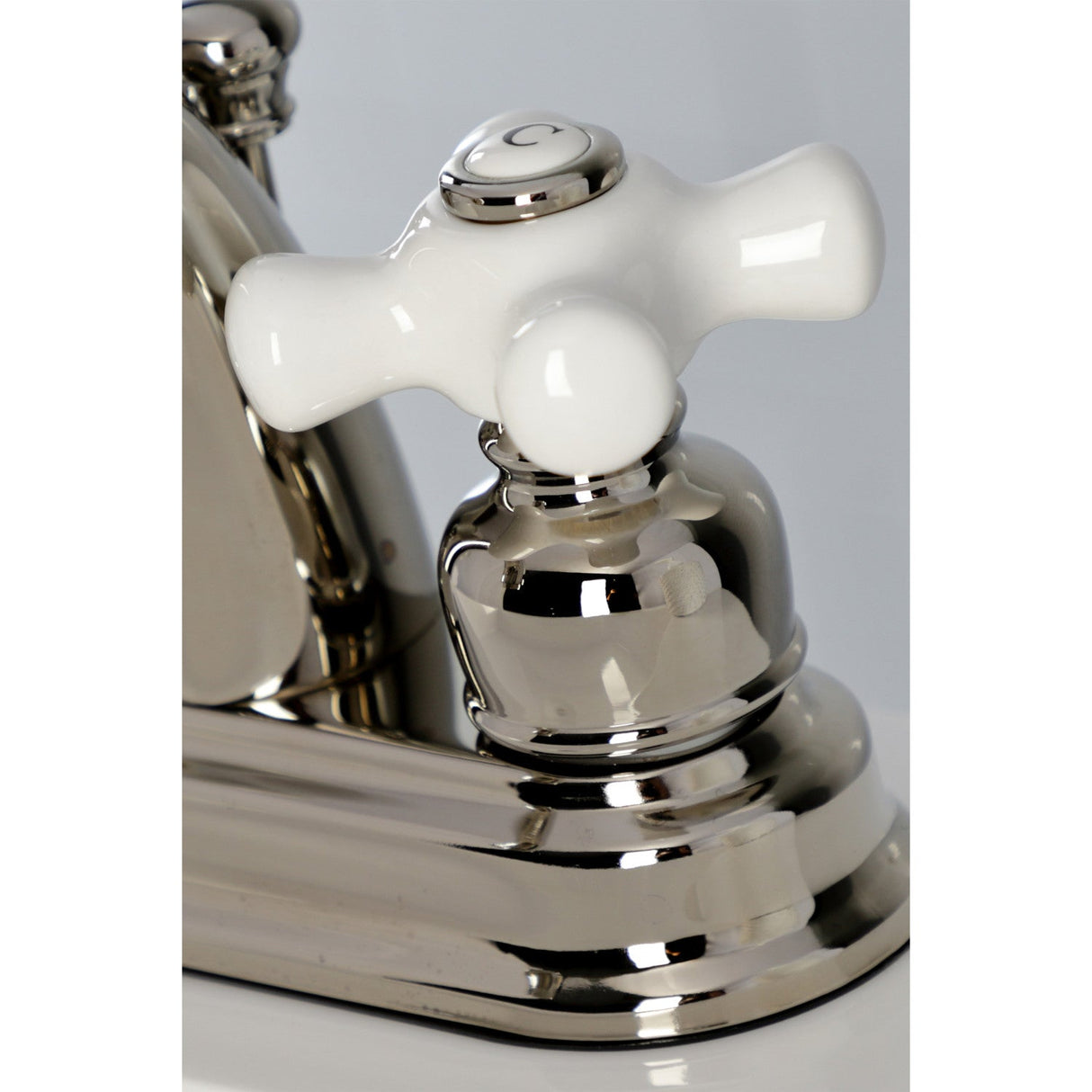 Restoration KB5616PX Two-Handle 3-Hole Deck Mount 4" Centerset Bathroom Faucet with Plastic Pop-Up, Polished Nickel