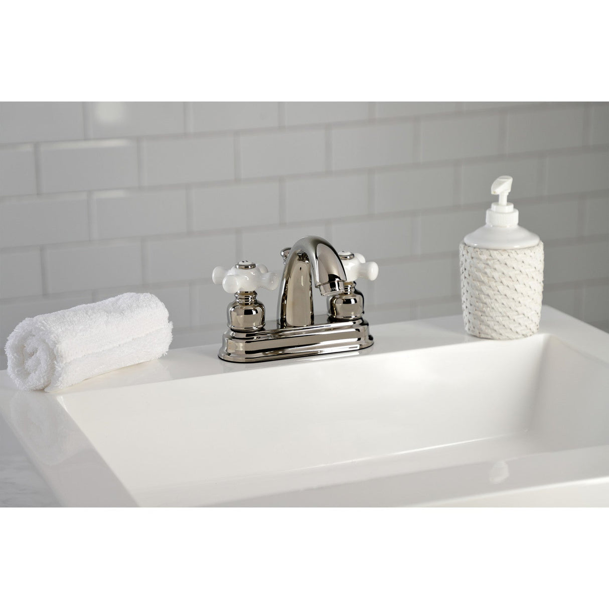 Restoration KB5616PX Two-Handle 3-Hole Deck Mount 4" Centerset Bathroom Faucet with Plastic Pop-Up, Polished Nickel