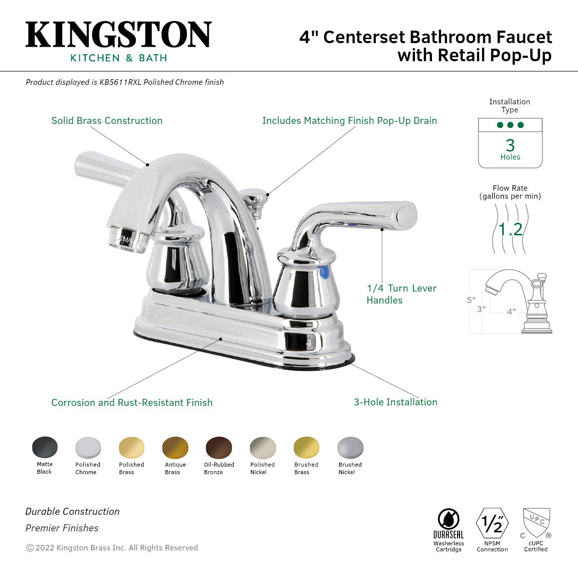 Restoration KB5616RXL Two-Handle 3-Hole Deck Mount 4" Centerset Bathroom Faucet with Plastic Pop-Up, Polished Nickel